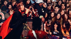 Stones and Hells Angels on stage at Altamont, Dec. 6, 1969
