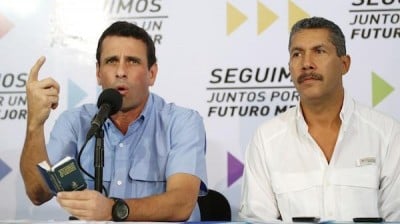 Henri Falcon (r) campaigning with Henrique Capriles